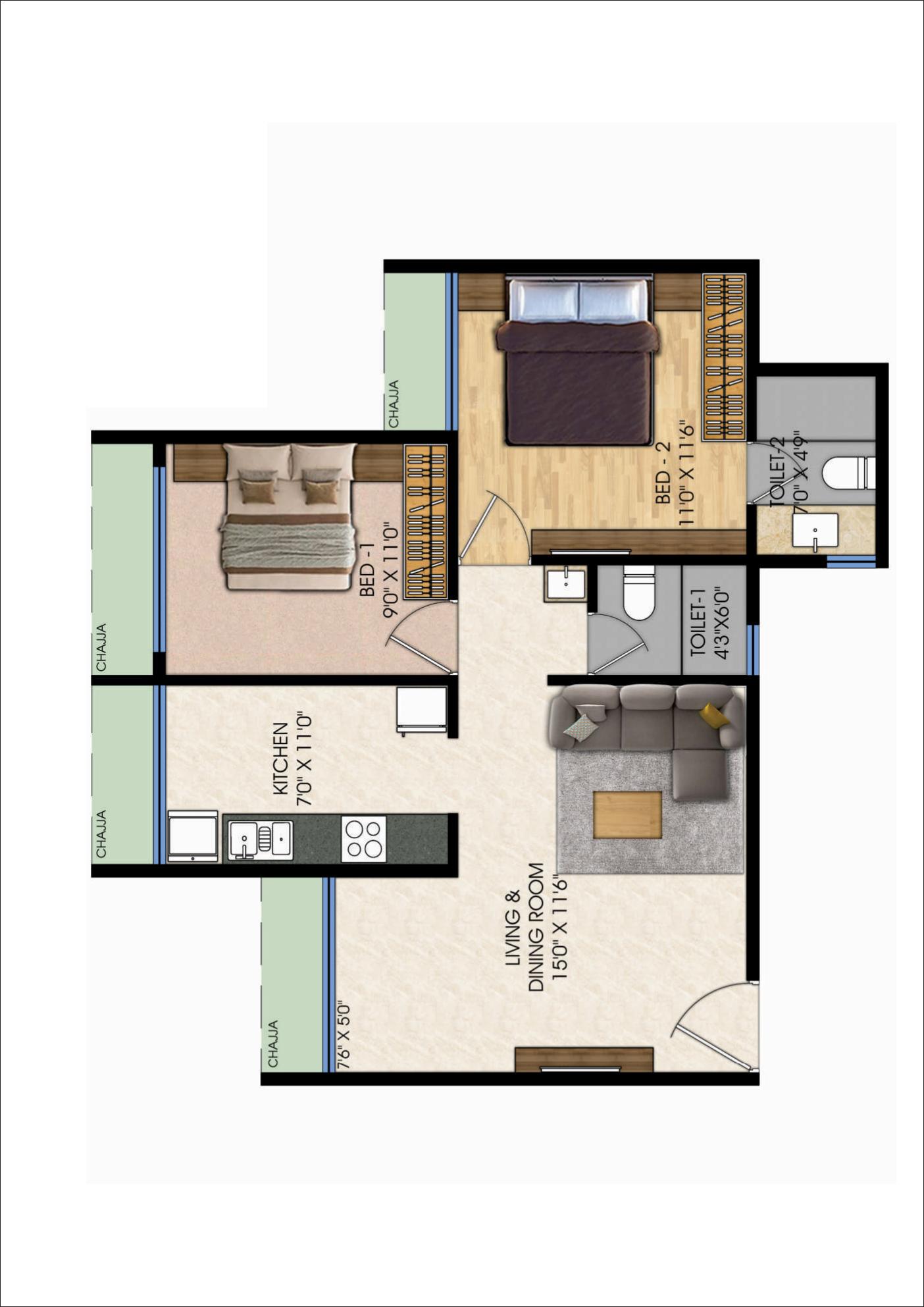 Malhar 24 East — 2 BHK Floor Plan Layout